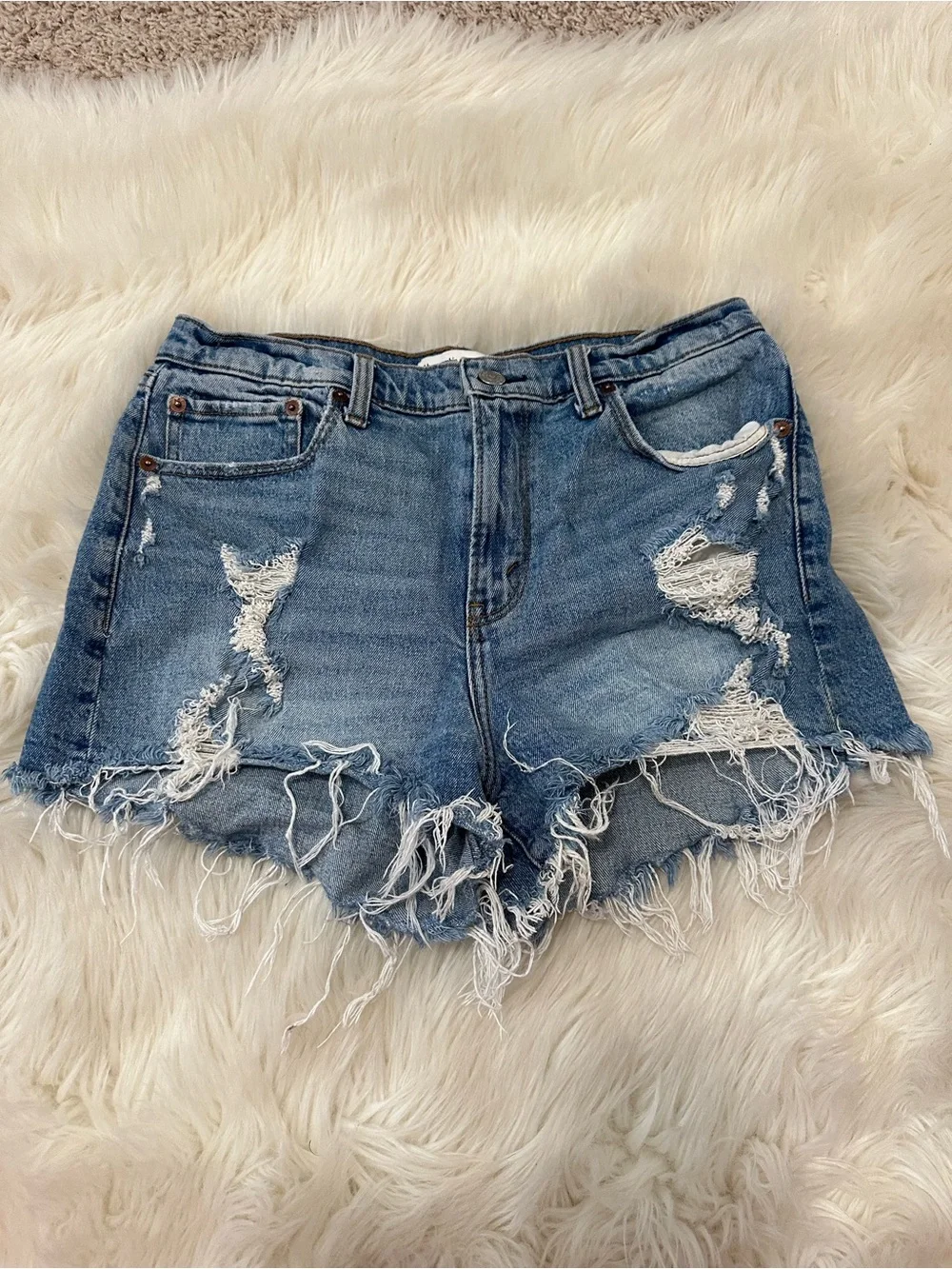 Abercrombie & Fitch Distressed Light Blue Denim Shorts has stretch
